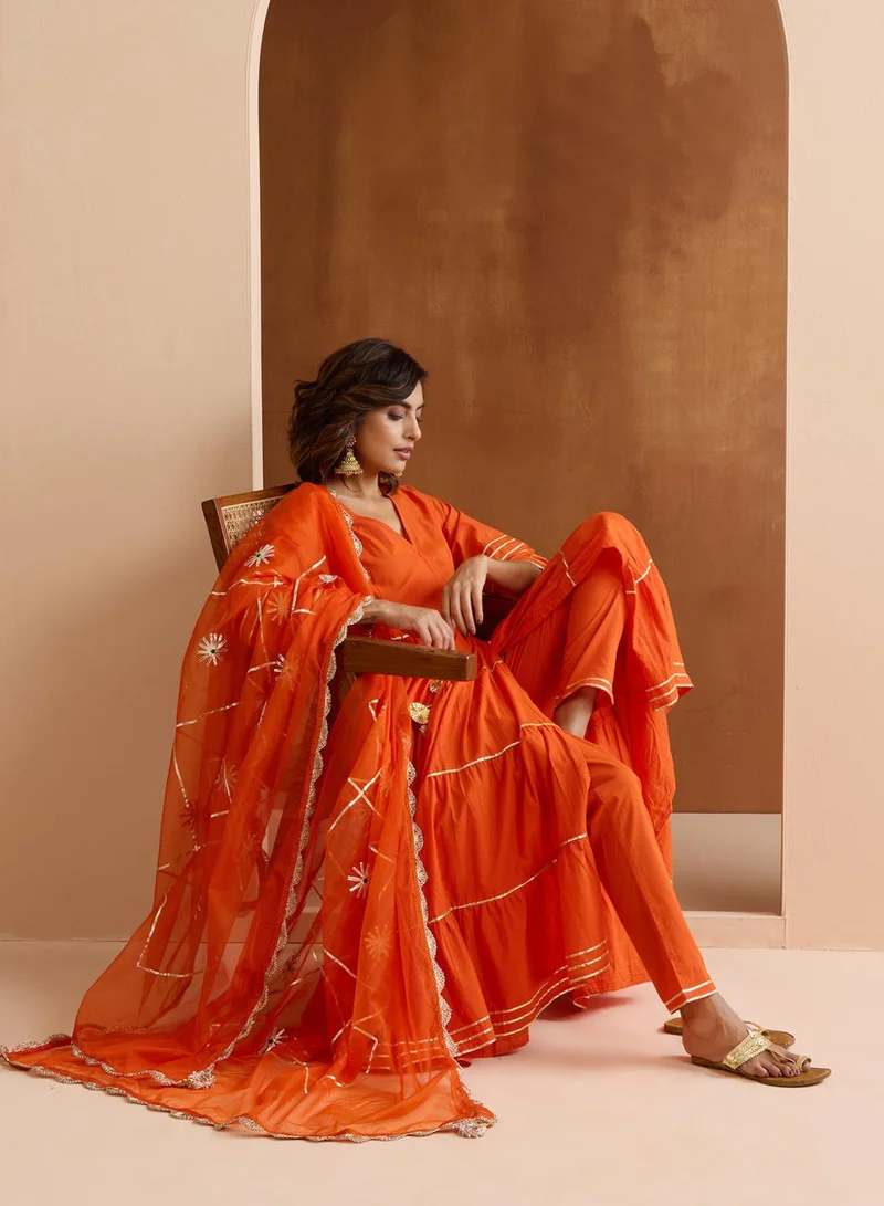 ISHIN Women's Orange 100% Cotton Embroidered Tunic Full Length Casual Straight Fit Kurta Set